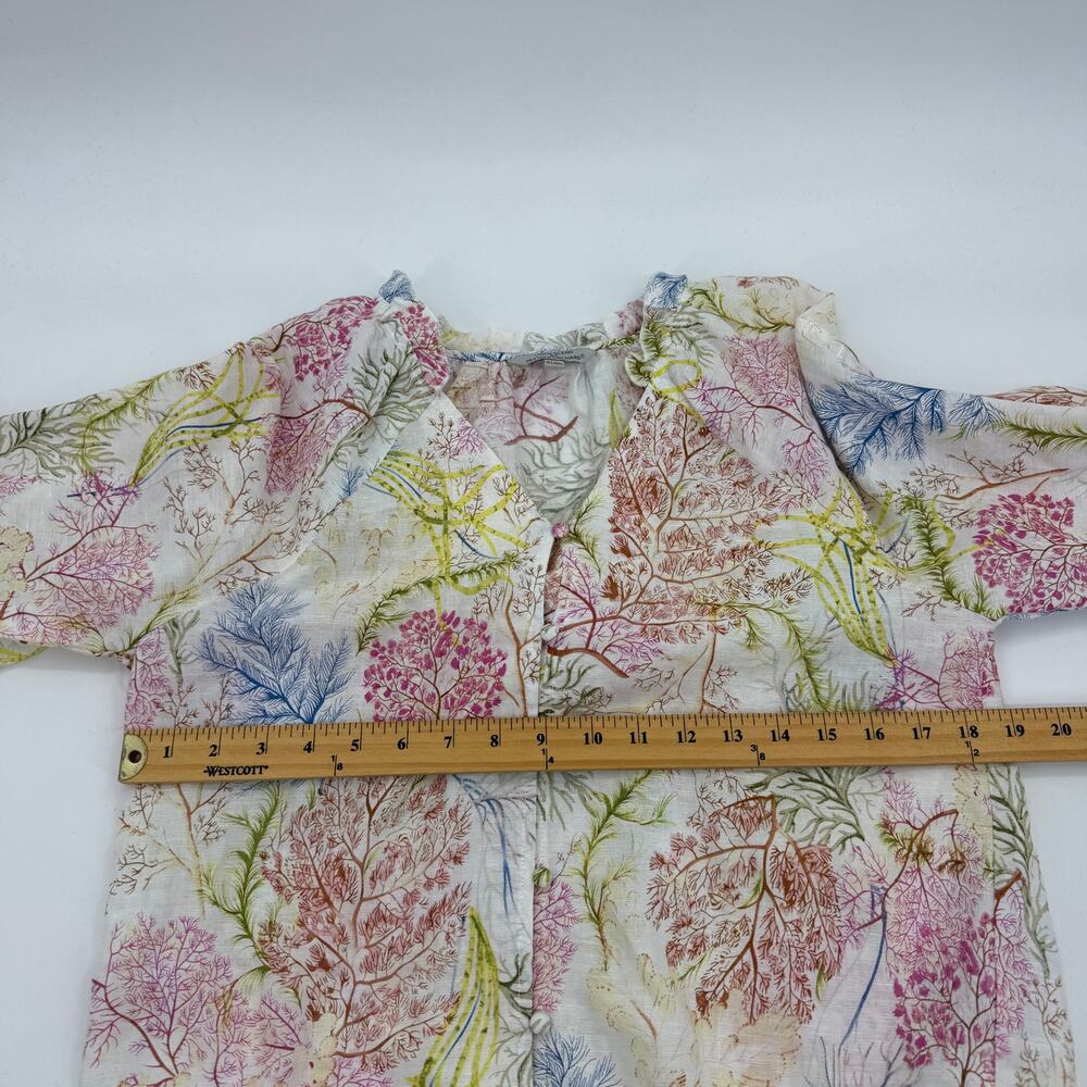 HESTER & ORCHARD Linen Blend Blouse Size S Pastel Flora 3/4 Sleeve V-Neck Ruffle - Picture 6 of 7